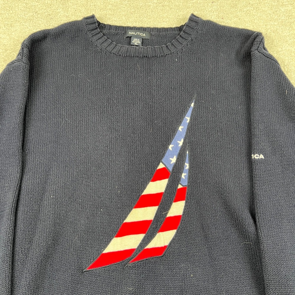 Nautica Mens‎ XL Navy Blue Cotton Knit Sweater American Flag Sail Graphic VTG - Picture 2 of 10
